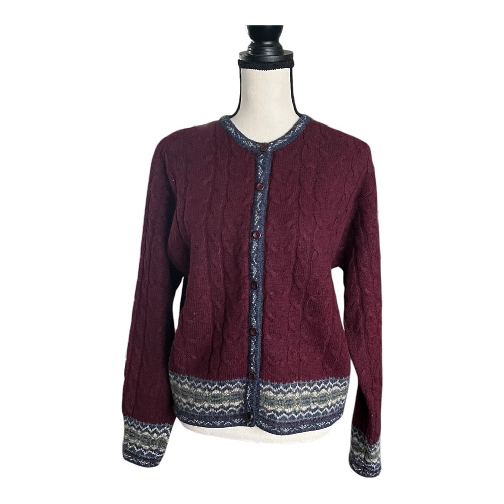 Vtg.Paul Harris Pure New Wool 100% Shetland Wool cable sweater Cardigan.  Sz. L